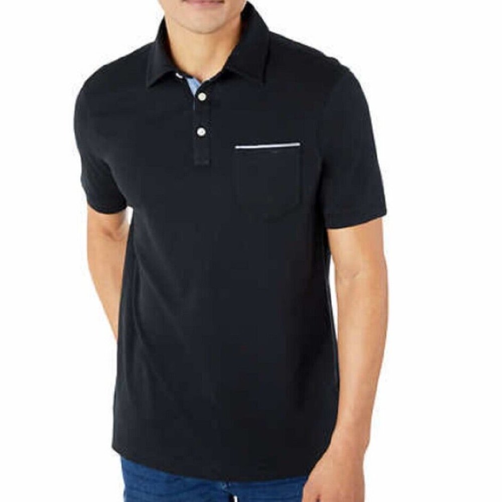 NWT Tahari Men's Interlock Solid Polo With Pocket Size M Black $60 CC206